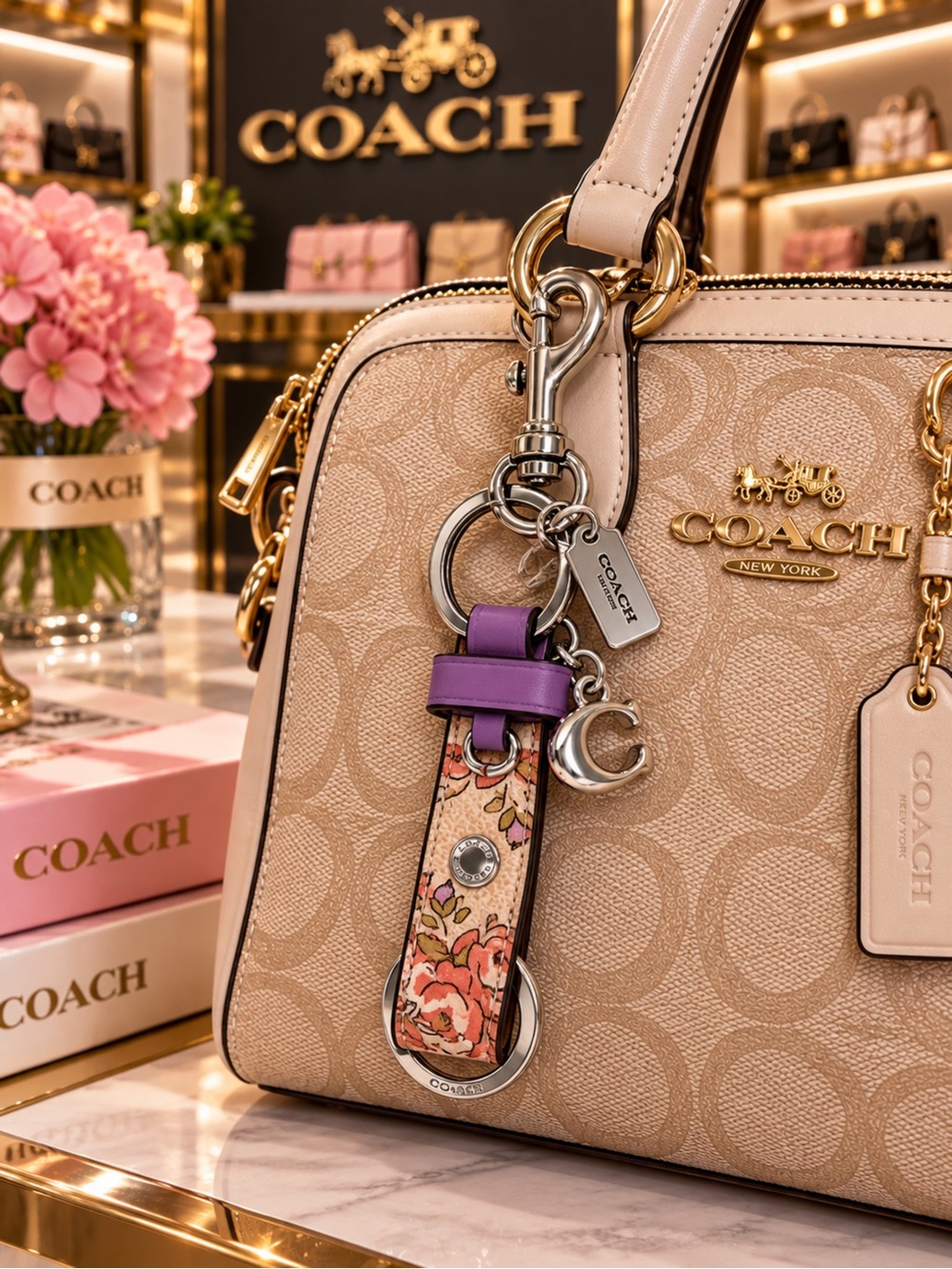 COACH Beige and Purple Floral Keychain Charm